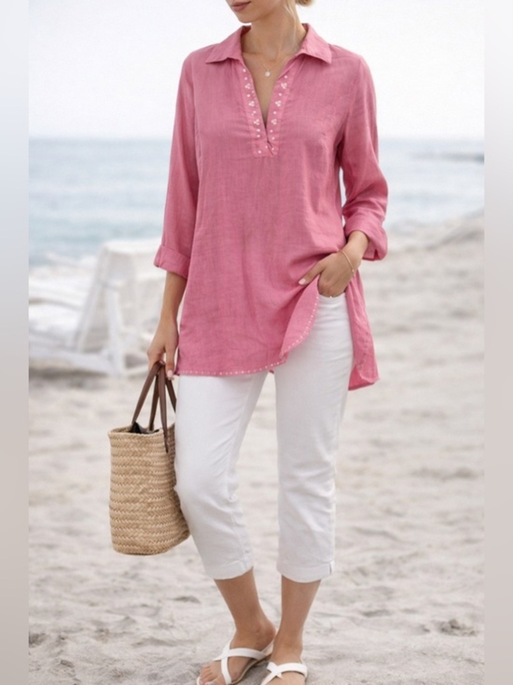 NWT Sarah Spencer 100% Linen Pink Sequin Embellished Split Hem Tunic Size M